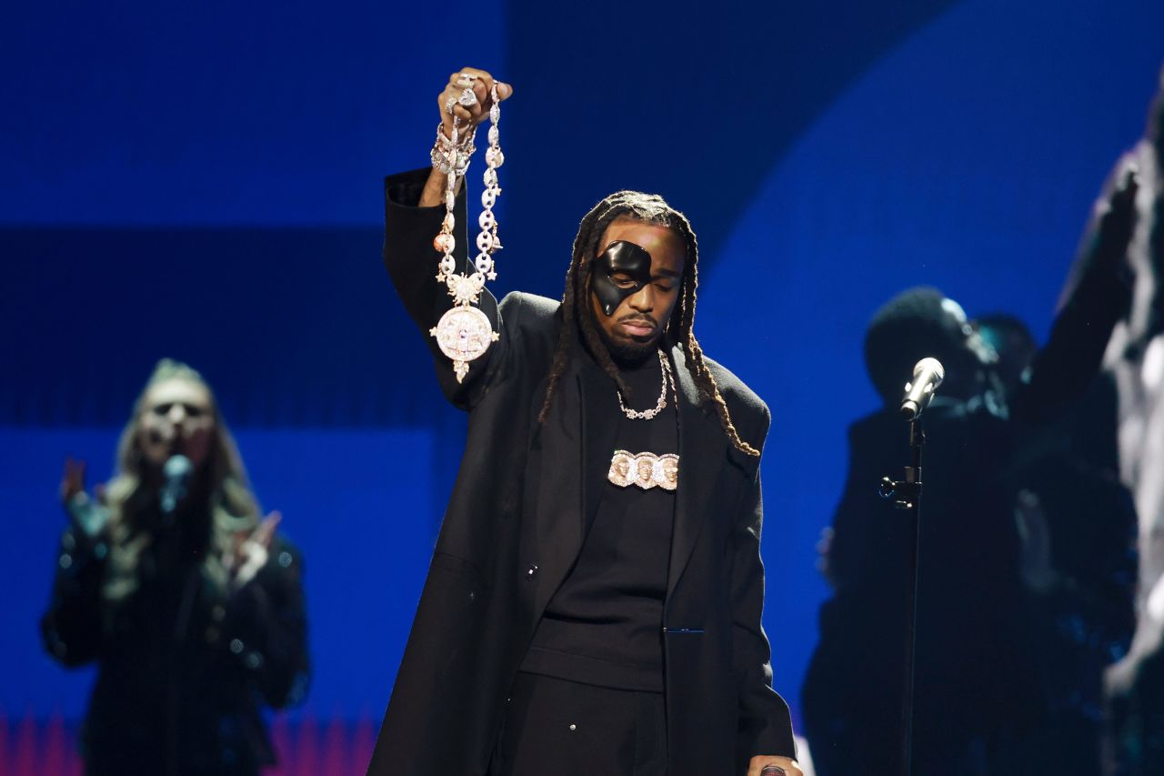 Quavo <a href="https://www.cnn.com/entertainment/live-news/grammy-awards-2023/h_0d4ac4e348a30cdf2fcf223e840994de" target="_blank">pays tribute to fellow Migos member Takeoff</a> during the "in memoriam" segment on Sunday night. Takeoff was killed in Houston three months ago.