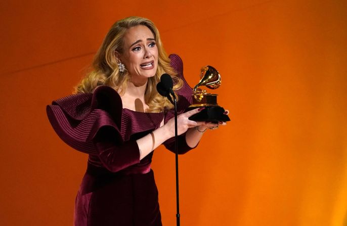 Adele accepts the award for best pop solo performance ("Easy On Me"). "I just want to dedicate this to my son, Angelo," <a href="index.php?page=&url=https%3A%2F%2Fwww.cnn.com%2Fentertainment%2Flive-news%2Fgrammy-awards-2023%2Fh_635575366b86376b1c07b70abf43a918" target="_blank">she said</a>. "I wrote this first verse in the shower when I was choosing to change my son's life, and he's been nothing but humble and gracious and loving to me the whole time."