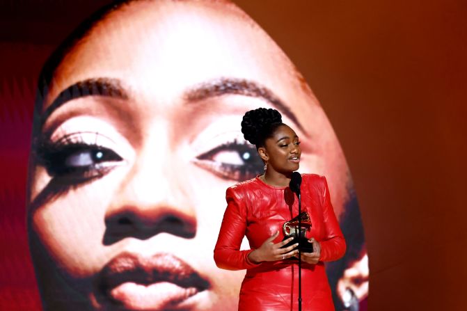 Samara Joy accepts the Grammy for best new artist. "All of you have inspired me because of who you are," <a href="index.php?page=&url=https%3A%2F%2Fwww.cnn.com%2Fentertainment%2Flive-news%2Fgrammy-awards-2023%2Fh_107422fb4f32126c1202810d25cd5f77" target="_blank">she said to the other artists while accepting her award</a>. "You express yourself for exactly who you are authentically, so to be here by just being myself, by just being who I was born as, I'm so thankful."