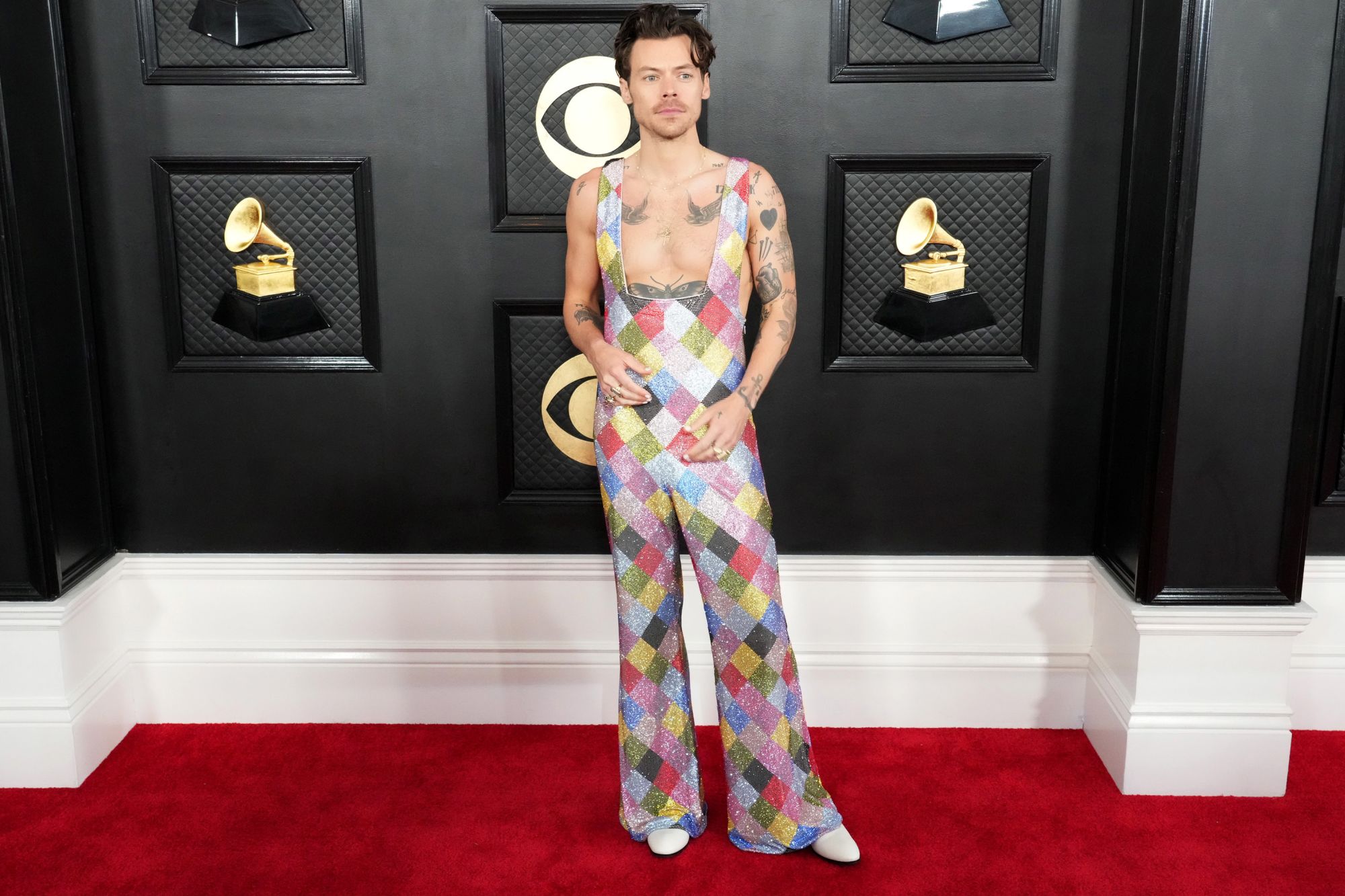 Harry Styles' Grammys red carpet jumpsuit channels 'clowncore