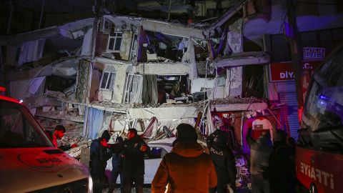 A destroyed building after a powerful earthquake jolts Turkey on February 6, 2023.