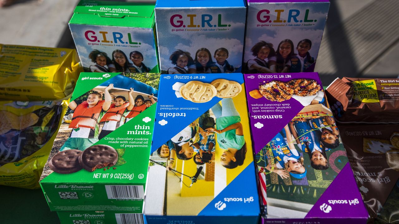 Girls Scouts sell cookies in Los Angeles in February, 2022.