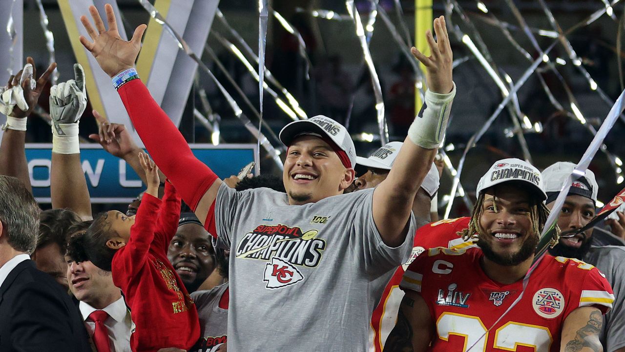 Mahomes celebrates after defeating the San Francisco 49ers in Super Bowl LIV. 