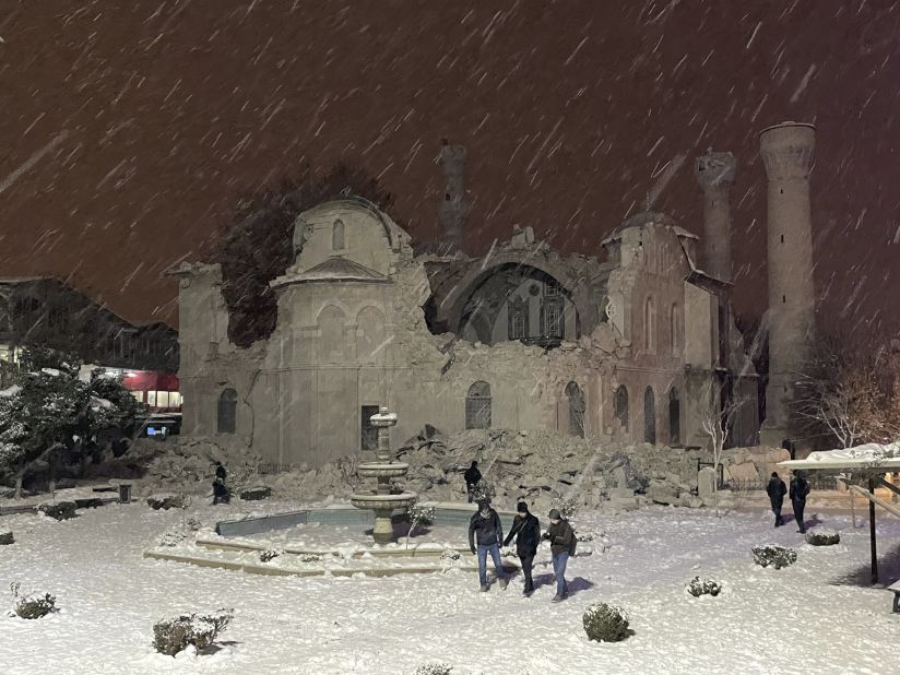 The historic Yeni Mosque is damaged in Malatya. 