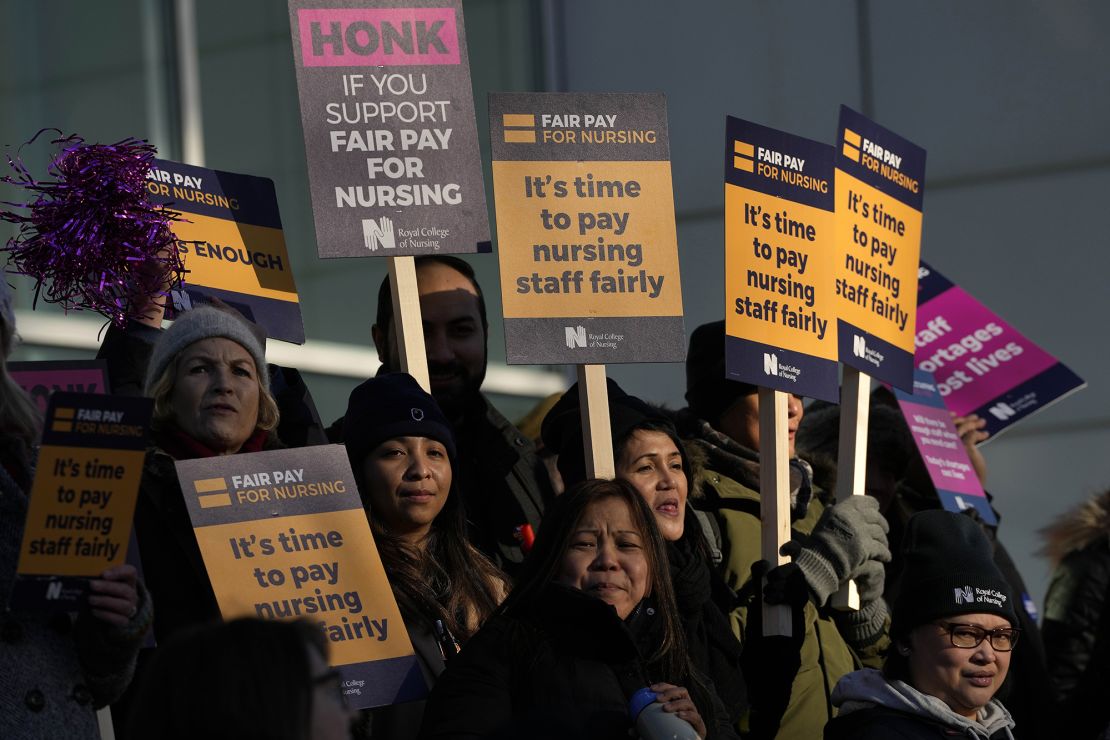 Nurses of the University College Hospital protest in London on  Monday, February 6, 2023.