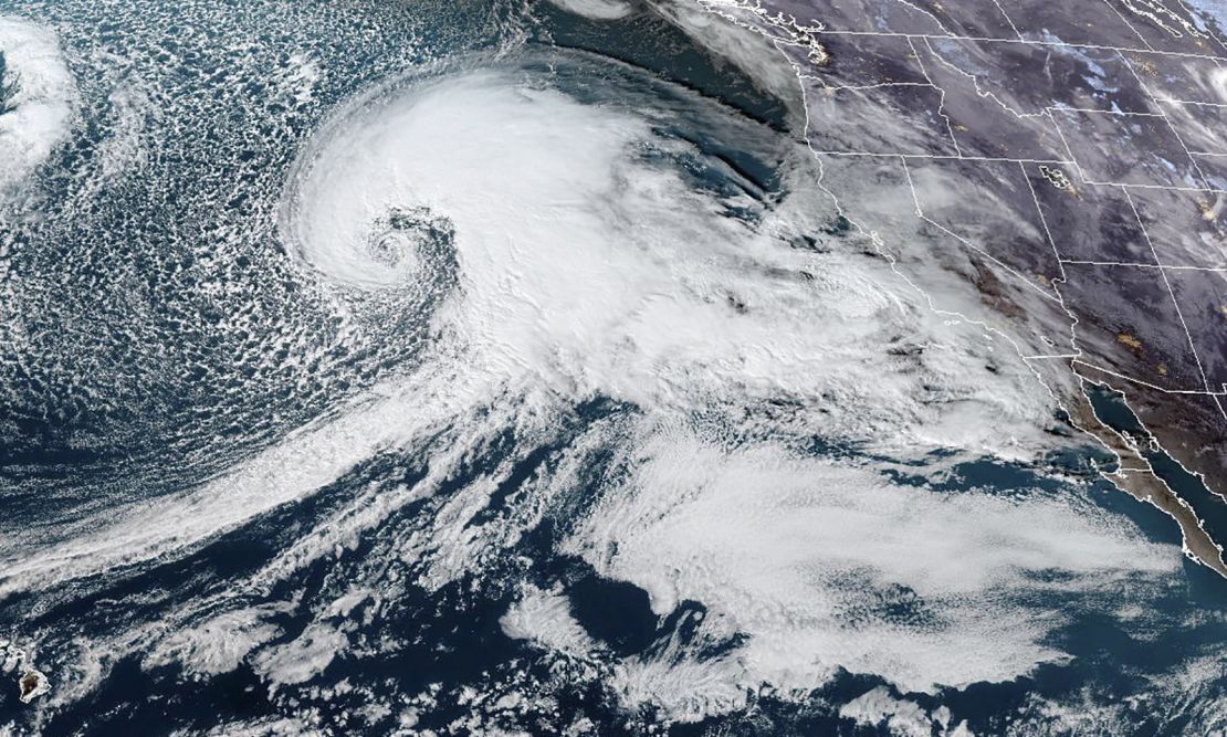 Satellite view of an atmospheric river approaching the US West coast on Jan 3, 2023.