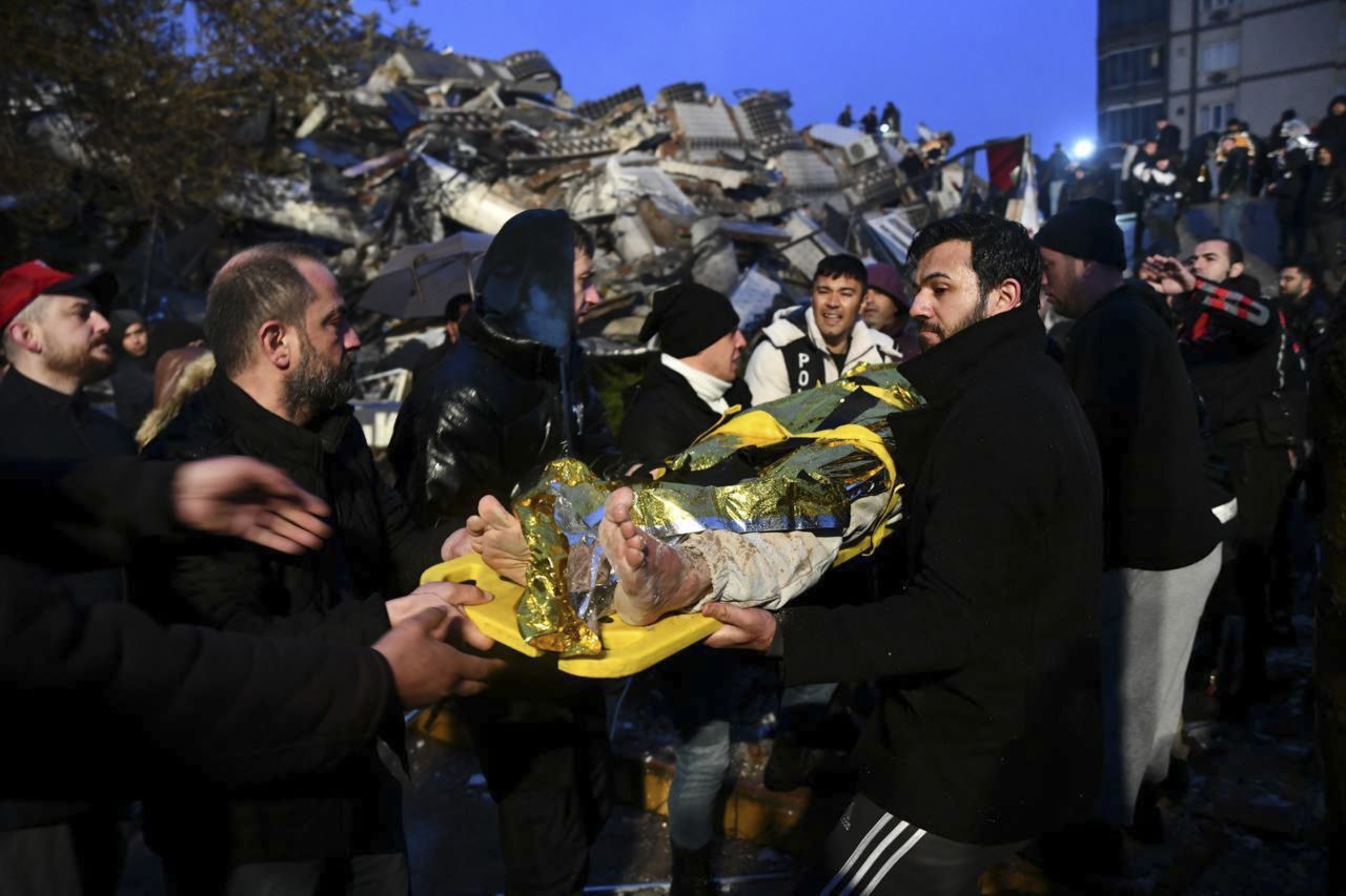 A person is rescued from a destroyed building in Gaziantep, Turkey.