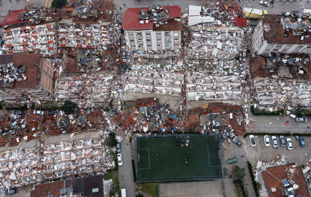 This aerial photo shows damage in Hatay, Turkey, on February 6.
