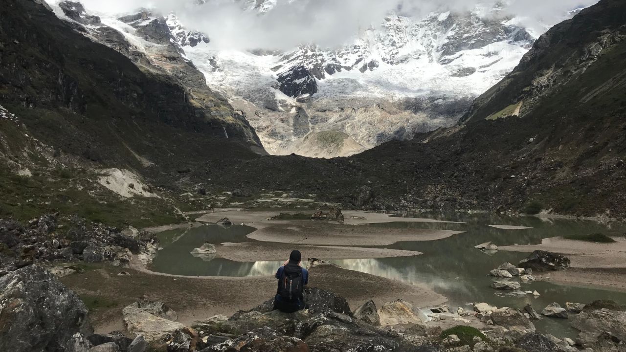 The glacial lake at the foot of Jomolhari in Bhutan, which has a significant number of glacial lakes that pose a threat to those downstream.
