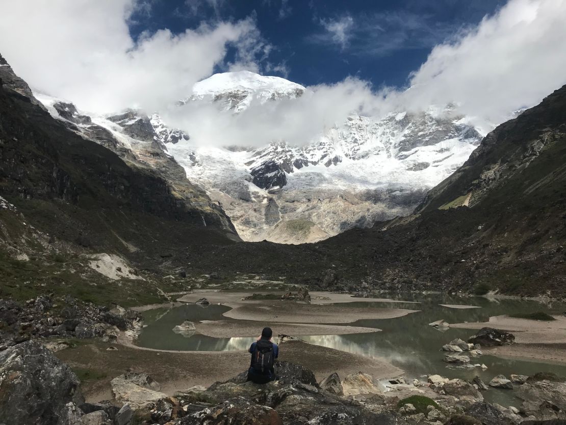 The glacial lake at the foot of Jomolhari in Bhutan, which has a significant number of glacial lakes that pose a threat to those downstream.