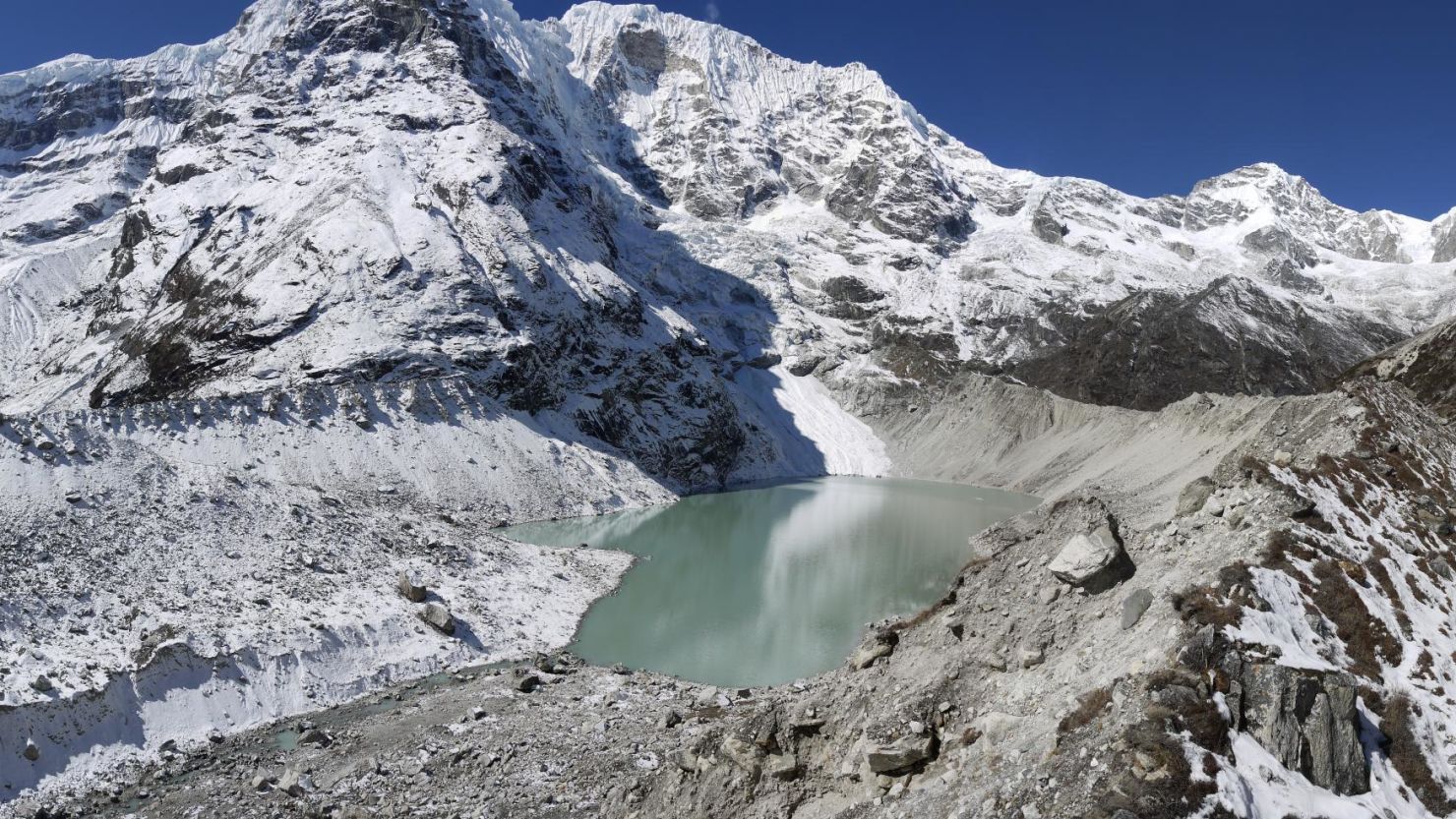 Dig Tsho in the Langmoche valley, Khumbu Himal, Nepal. This lake breached 1985 due to an ice avalanche-induced impulse wave, causing catastrophic damage downstream.