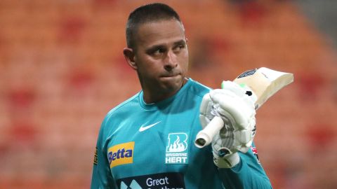 Khawaja greeted the crowd during the Big Bash League match between the Sydney Thunder and the Brisbane Heat last month.