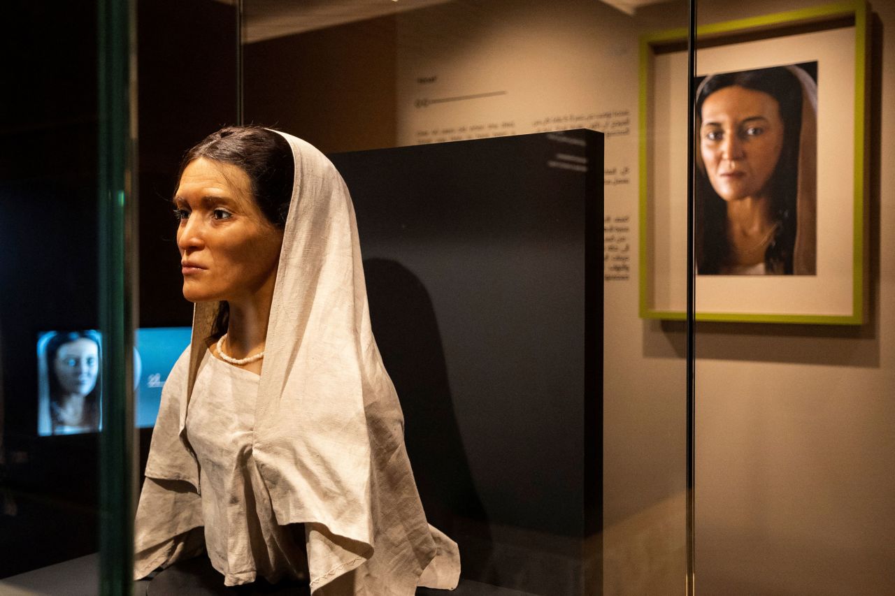 A reconstructed face of an ancient woman known as "Hinat," a member of the Nabataean civilisation that dates back over 2,000 years, is displayed at the Hegra Welcome Centre.