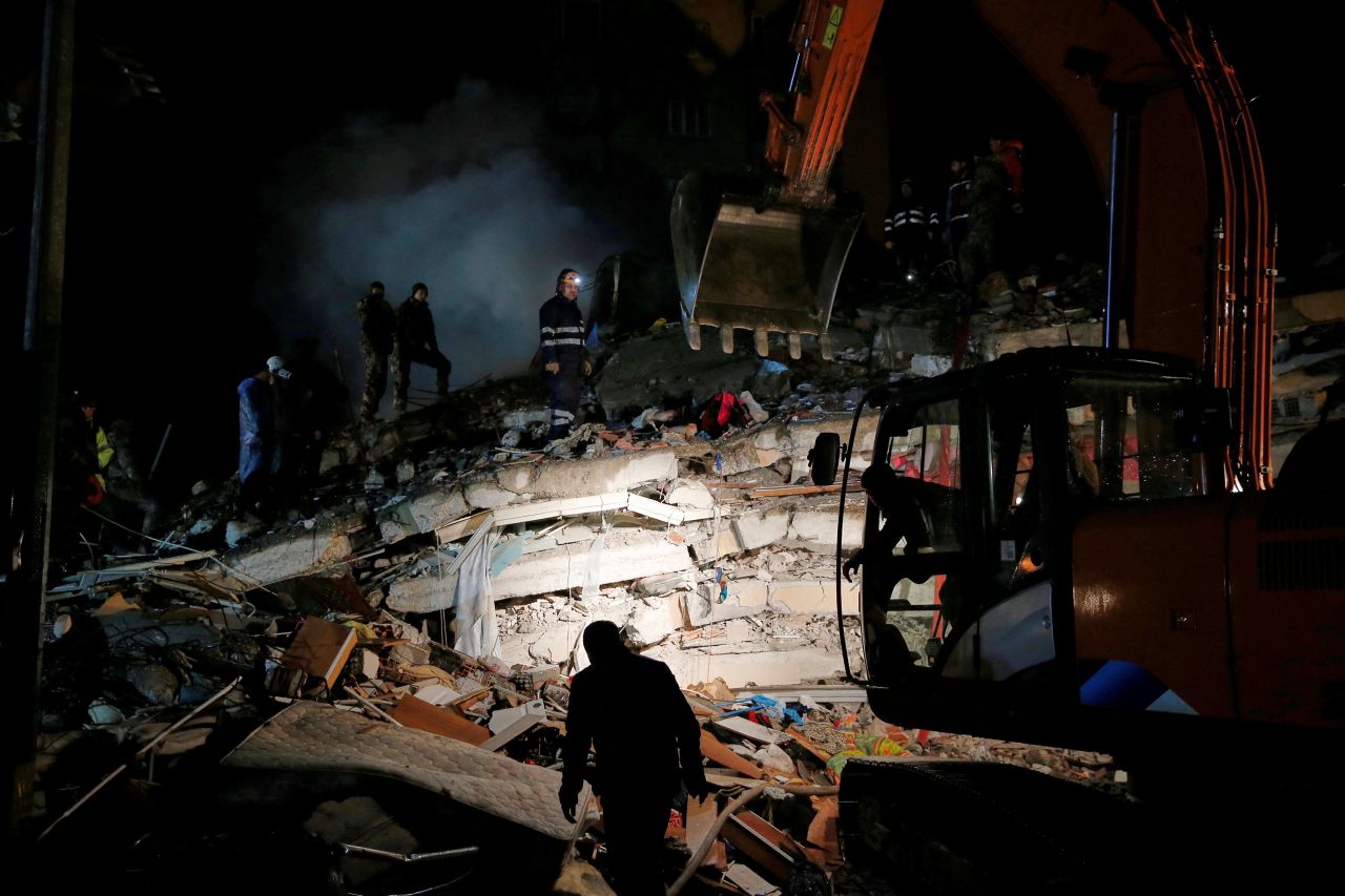 A rescue team works at a collapsed building in Osmaniye, Turkey, on February 6.