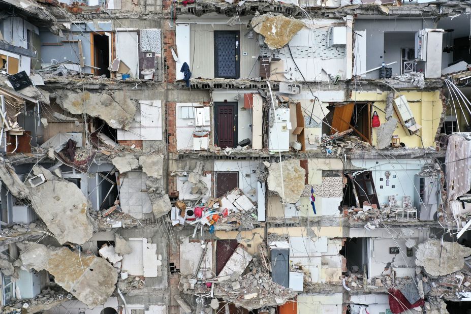 This aerial photo shows a damaged building in Adana.