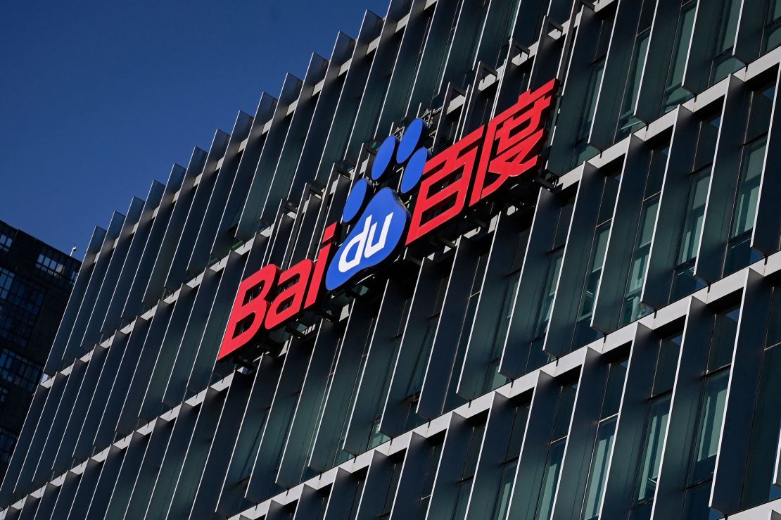 The company logo is displayed at Baidu's headquarters in Beijing on September 6, 2022.