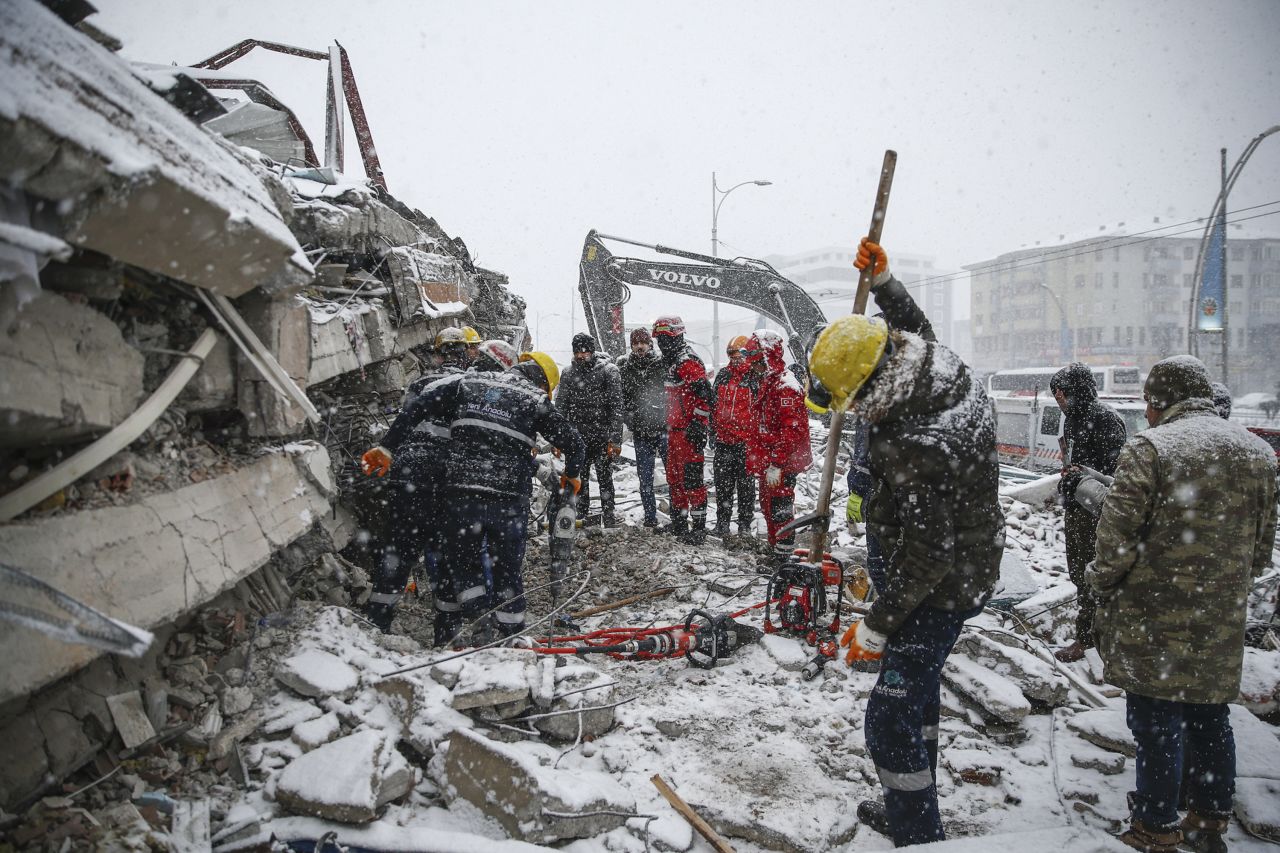 Search-and-rescue efforts continue through cold weather conditions in Malatya, Turkey, on February 7. 