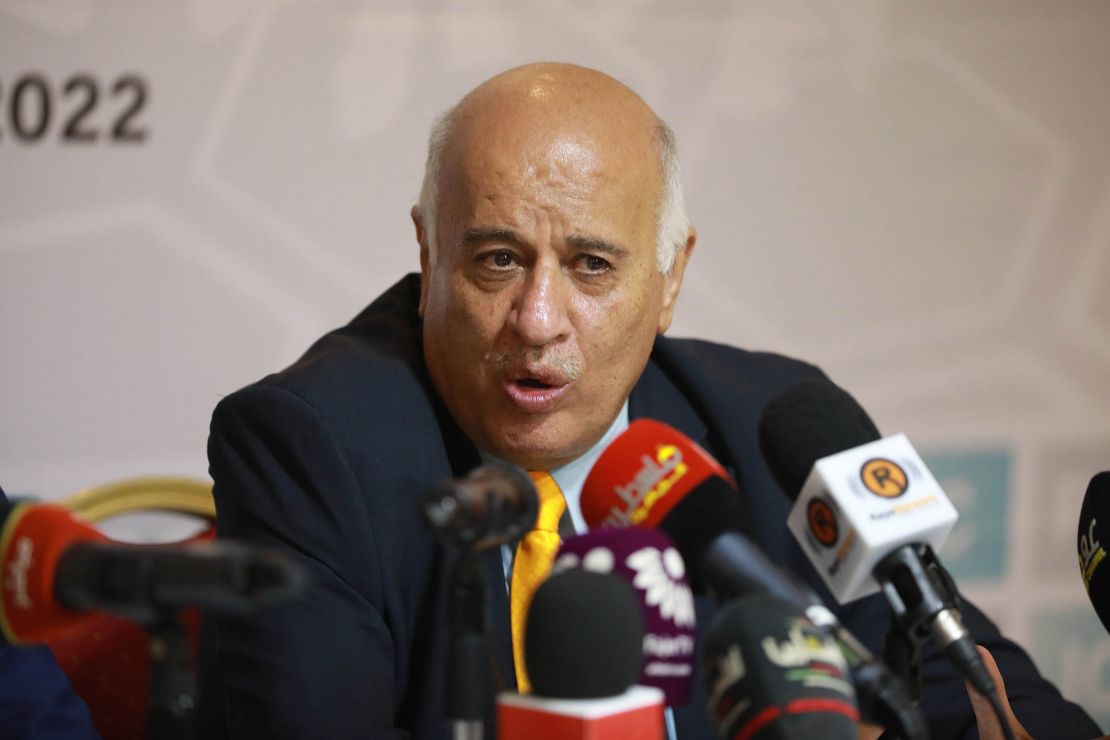 The president of the Palestinian FA Jibril Rajoub holding a press conference with IOC President Thomas Bach (not seen) after their meeting in Ramallah, West Bank, on September 19, 2022. 