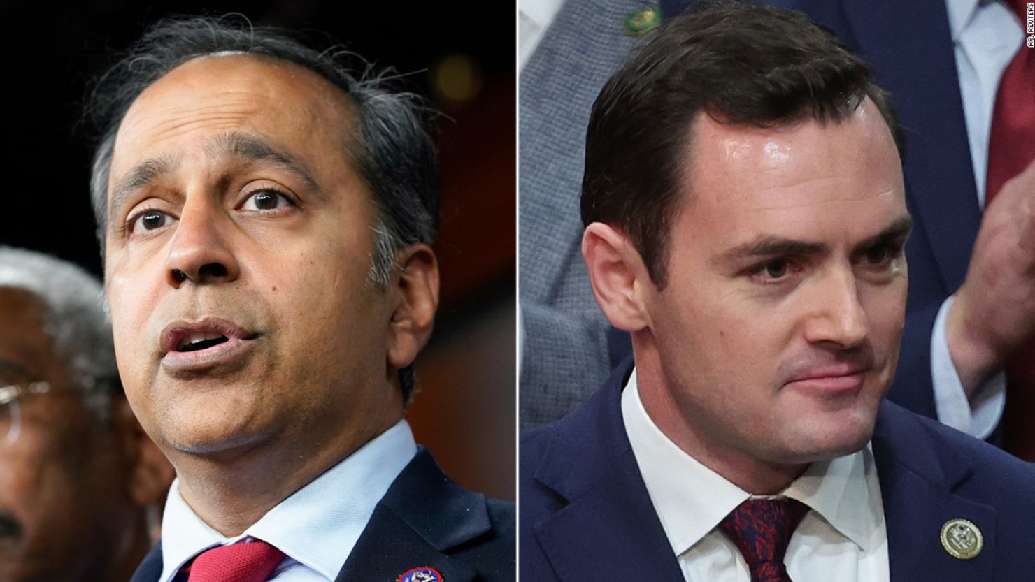 Illinois Rep. Raja Krishnamoorthi, left, and Wisconsin Rep. Mike Gallagher, at right. Gallagher is the chair of a new select committee and Krishnamoorthi is the panel's top Democrat.