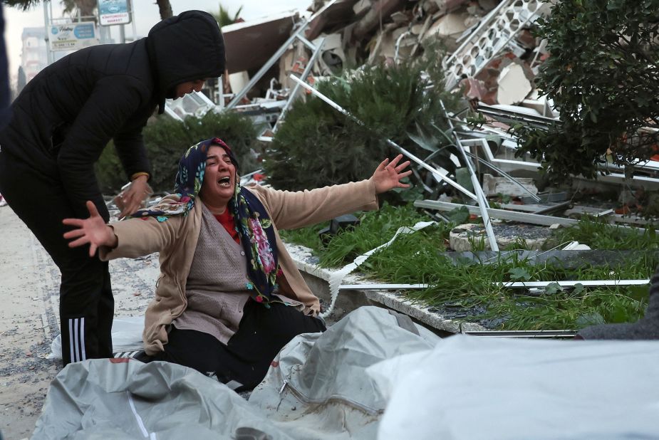 A woman mourns for a dead relative in Turkey's Hatay province on February 7.