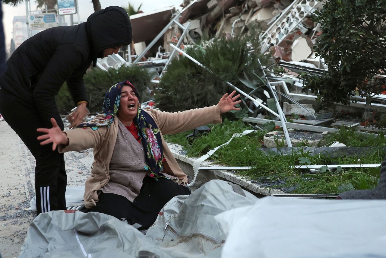 A woman mourns for a dead relative in Turkey's Hatay province on February 7.