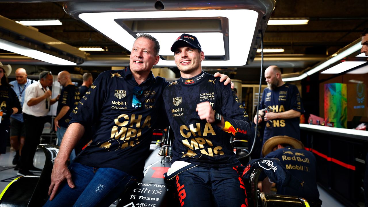 Verstappen and his father celebrate winning the F1 World Constructors' Championship on October 23, 2022, in Austin.