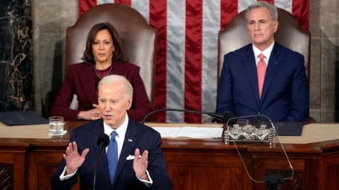 President Joe Biden delivers the State of the Union address to a joint session of Congress at the U.S. Capitol, Tuesday, Feb. 7, 2023, in Washington. Vice President Kamala Harris and House Speaker Kevin McCarthy of Calif., look on. (AP Photo/Patrick Semansky)