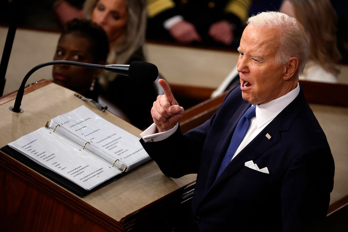 President Joe Biden points while delivering his State of the Union address.