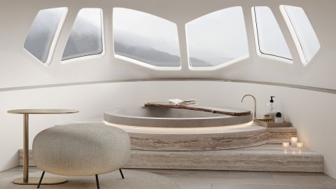 The cockpit has been converted into a large bathroom with additional portholes.