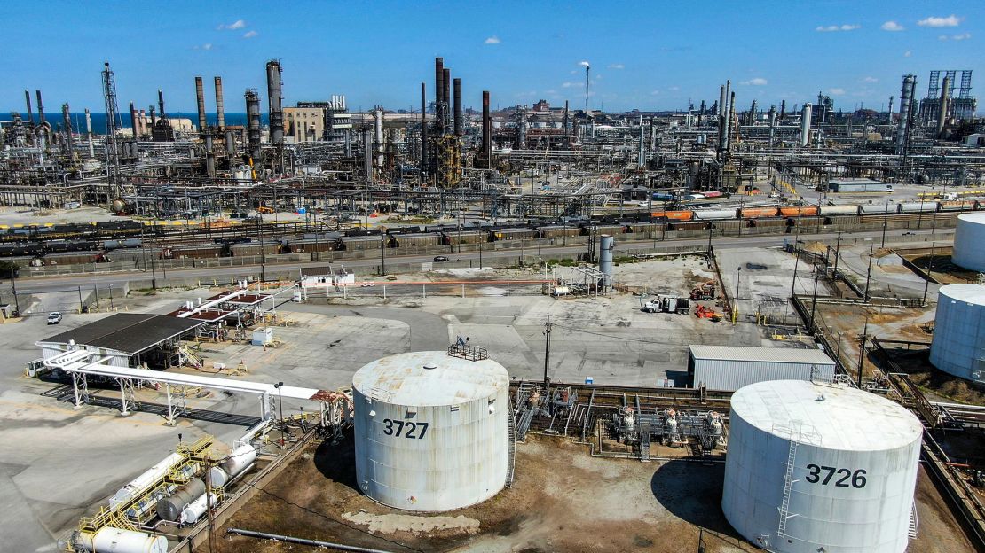 An aerial view of the BP oil refinery in Whiting, Indiana on August 29, 2019. BP is scaling back plans to cut oil and gas production by 2030. 
