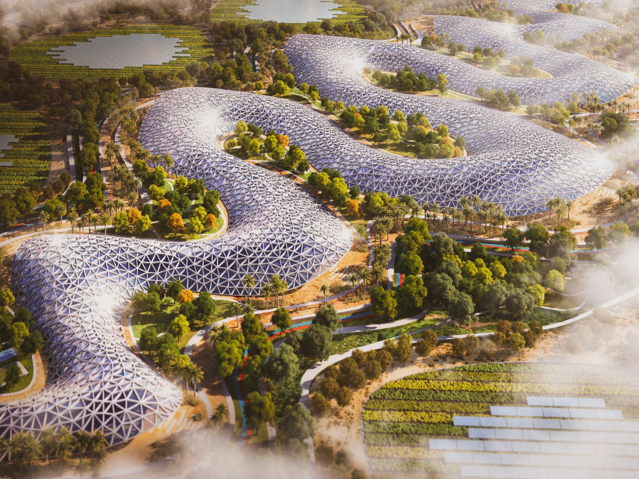 Separate from The Loop is another environmentally conscious design proposed by URB, known as the "Agri Hub." Pictured in this rendering, the project would be a center for sustainable agriculture and tourism in the desert outside of the city of Dubai.