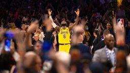 LeBron James #6 of the Los Angeles Lakers celebrates after breaking Kareem Abdul-Jabbars all time scoring record of 38,387 points during the game against the Oklahoma City Thunder on February 7, 2023 at Crypto.Com Arena in Los Angeles, California. 