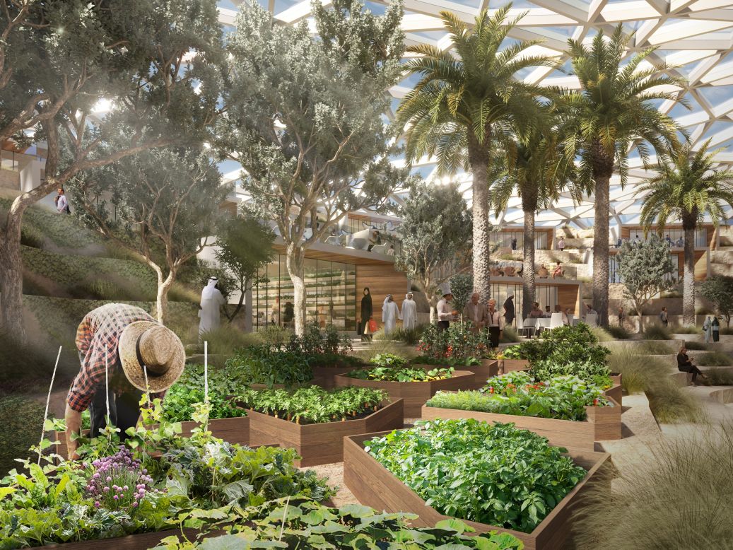 The Agri Hub design includes elements from a working farm, as well as features for tourists. Over roughly 40 hectares, the Agri Hub would host spaces for education and research, as well as eco-lodges, farm shops, and farm-to-table restaurants and cafes.