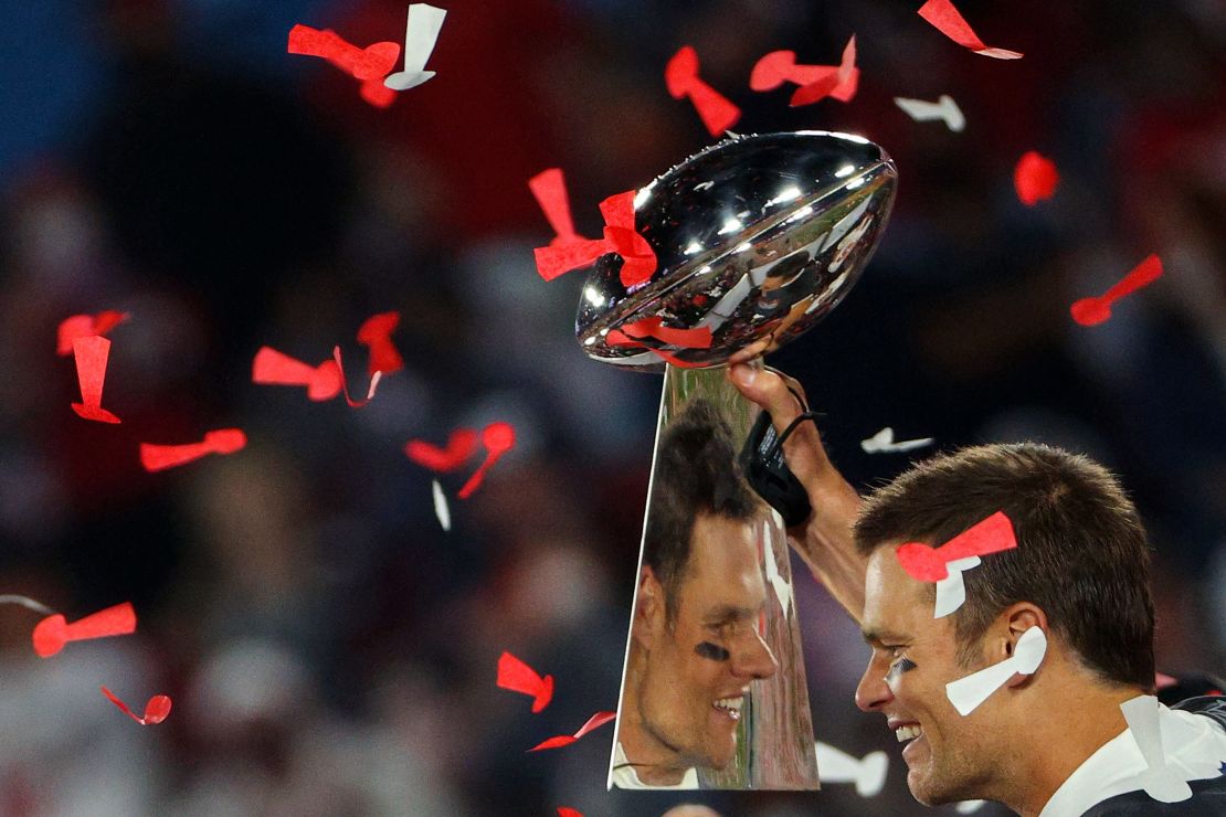 Brady celebrates after defeating the Kansas City Chiefs in Super Bowl LV.
