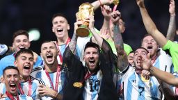 Lionel Messi of Argentina lifts the FIFA World Cup Qatar 2022 Winner's Trophy during the FIFA World Cup Qatar 2022 Final match between Argentina and France at Lusail Stadium on December 18, 2022 in Lusail City, Qatar. 