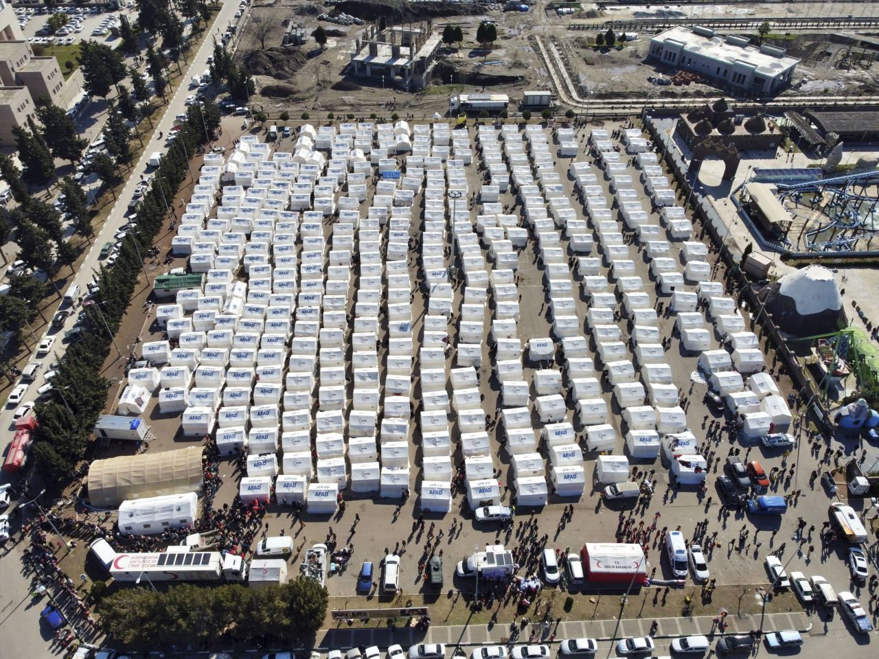 An aerial view shows a tent city to house earthquake victims set up by Turkey's Disaster and Emergency Management Authority in Osmaniye on Wednesday.