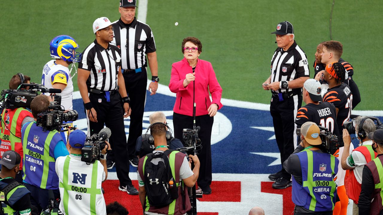 Billie Jean King performs the coin toss on the field with referee Ronald Torbert (62) before the NFL Super Bowl 56 football game between the Los Angeles Rams and the Cincinnati Bengals, on Sunday, Feb. 13, 2022 in Inglewood, CA.