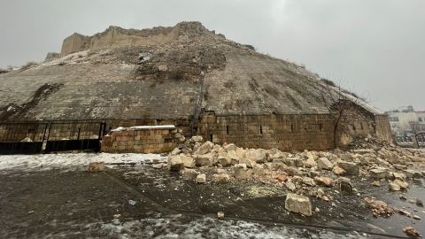 A view of the damaged Gaziantep Castle in Turkey after the devastating earthquake on February 6, 2023.