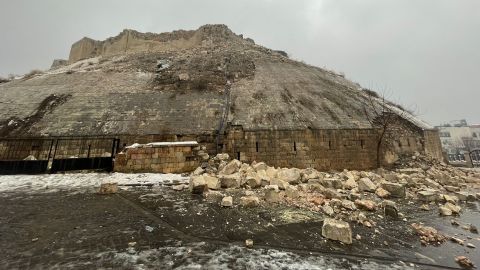 A view of the damaged Gaziantep castle in Turkey after the devastating earthquake on February 6, 2023.