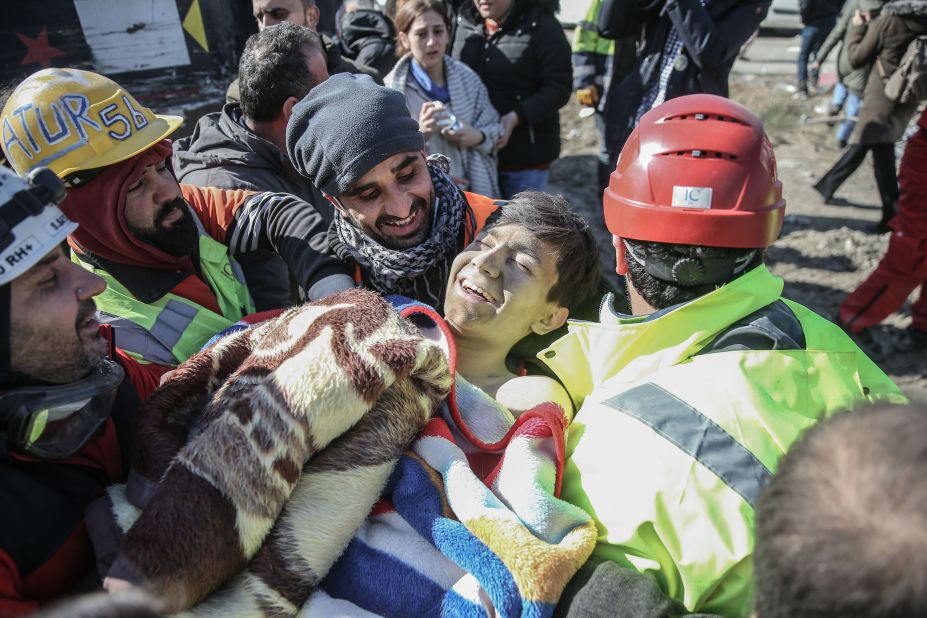 Mahmut Salman, 16, is rescued in Hatay on February 8.