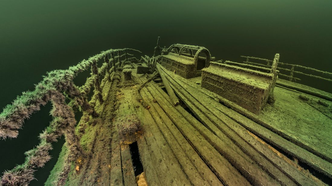 <strong>Light and dark:</strong> Dahm says there are many challenges associated with photographing wrecks -- from lighting to visibility. Plus, many of the ships are some 100 meters under the sea. Pictured here: remnants of the steam ship Rumina.