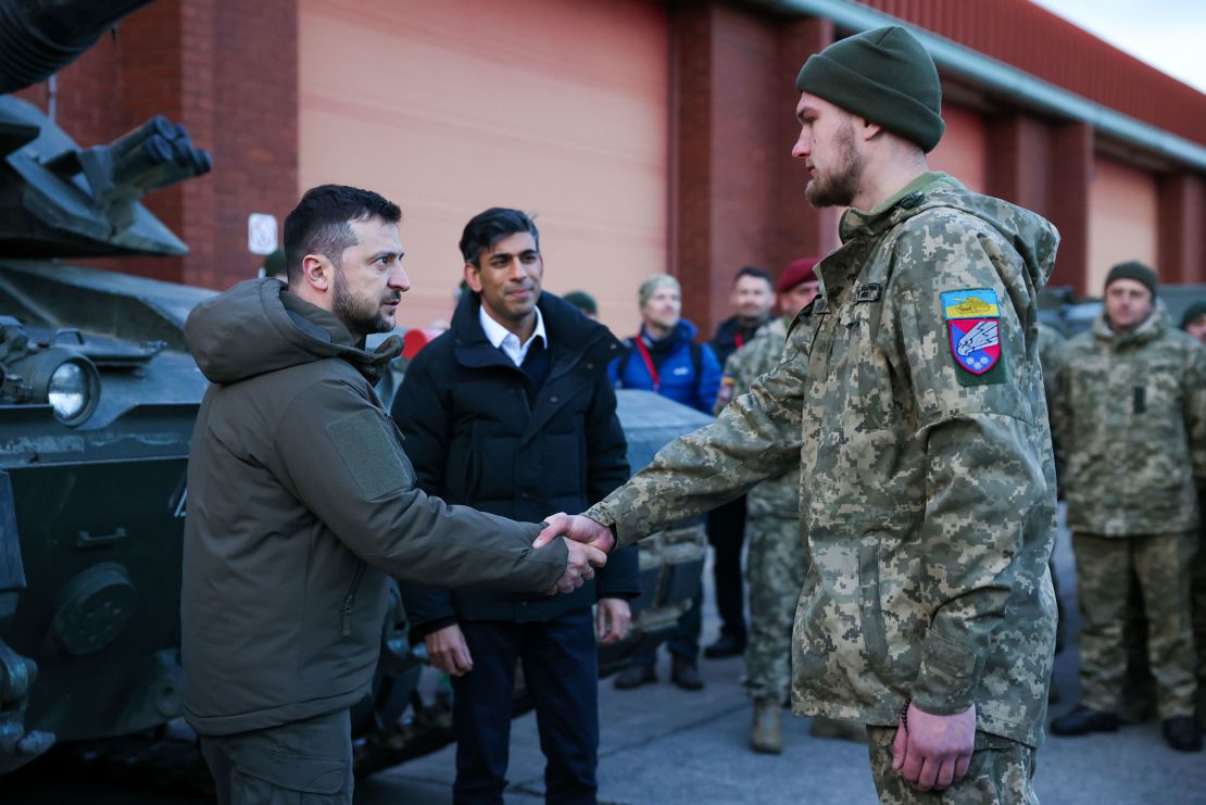 Zelensky meets with tank crews from Ukraine's armed forces being trained by members of the British Army in Lulworth Camp on Wednesday. 