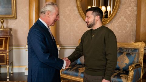 King Charles shakes hands with Zelensky as he welcomes him at Buckingham Palace.