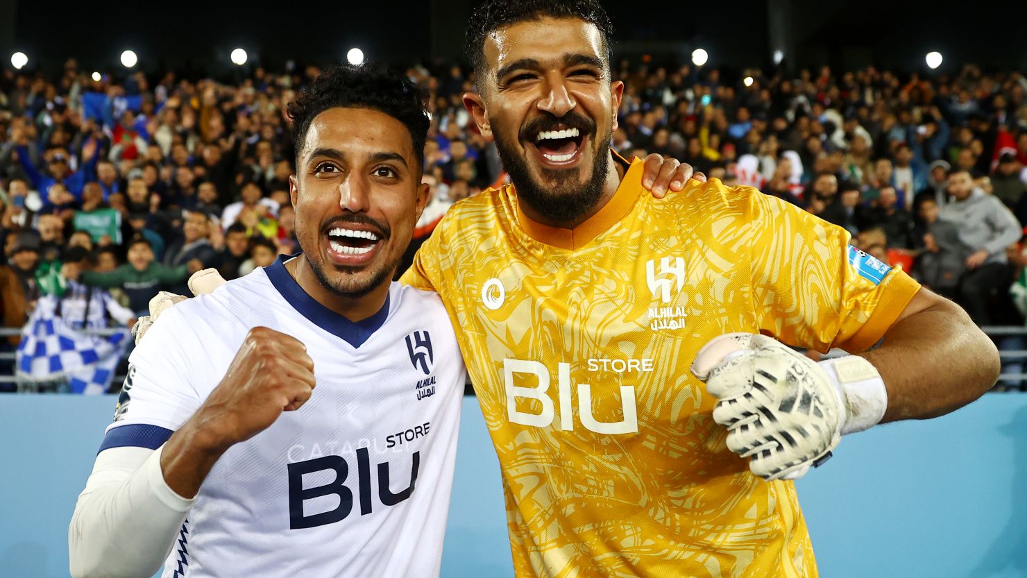 Salem Aldawsari and Abdullah Al-Mayouf of Al Hilal celebrate after the team's victory over Flamengo in the semifinals of the Club World Cup at Stade Ibn-Batouta.