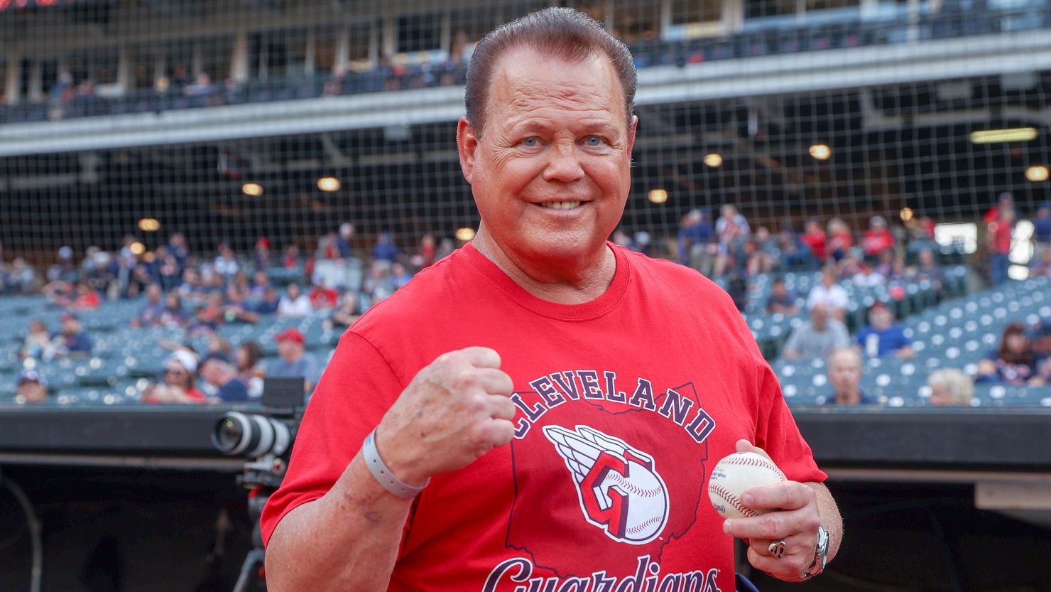 WWE announcer Jerry Lawler is seen on the field prior to a Major League Baseball game between the Minnesota Twins and host Cleveland Guardians on September 16.