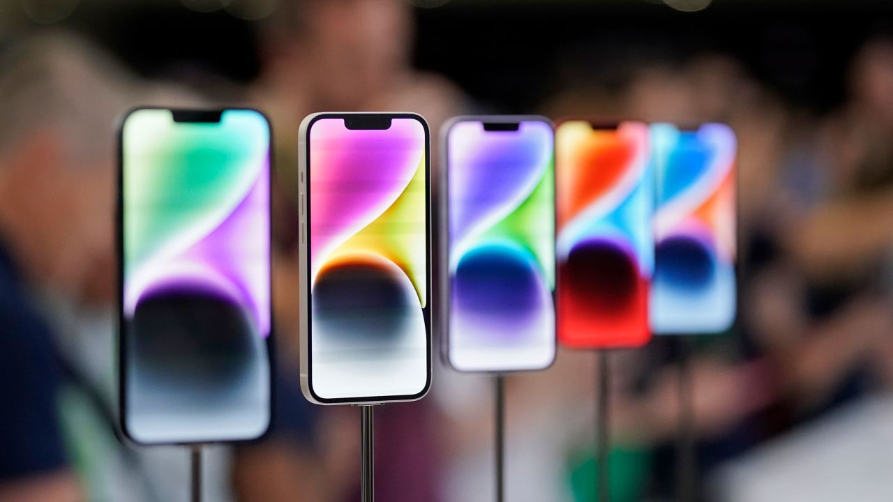 New iPhone 14 models on display at an Apple event on the campus of Apple's headquarters in Cupertino, Calif., Sept. 7, 2022. 