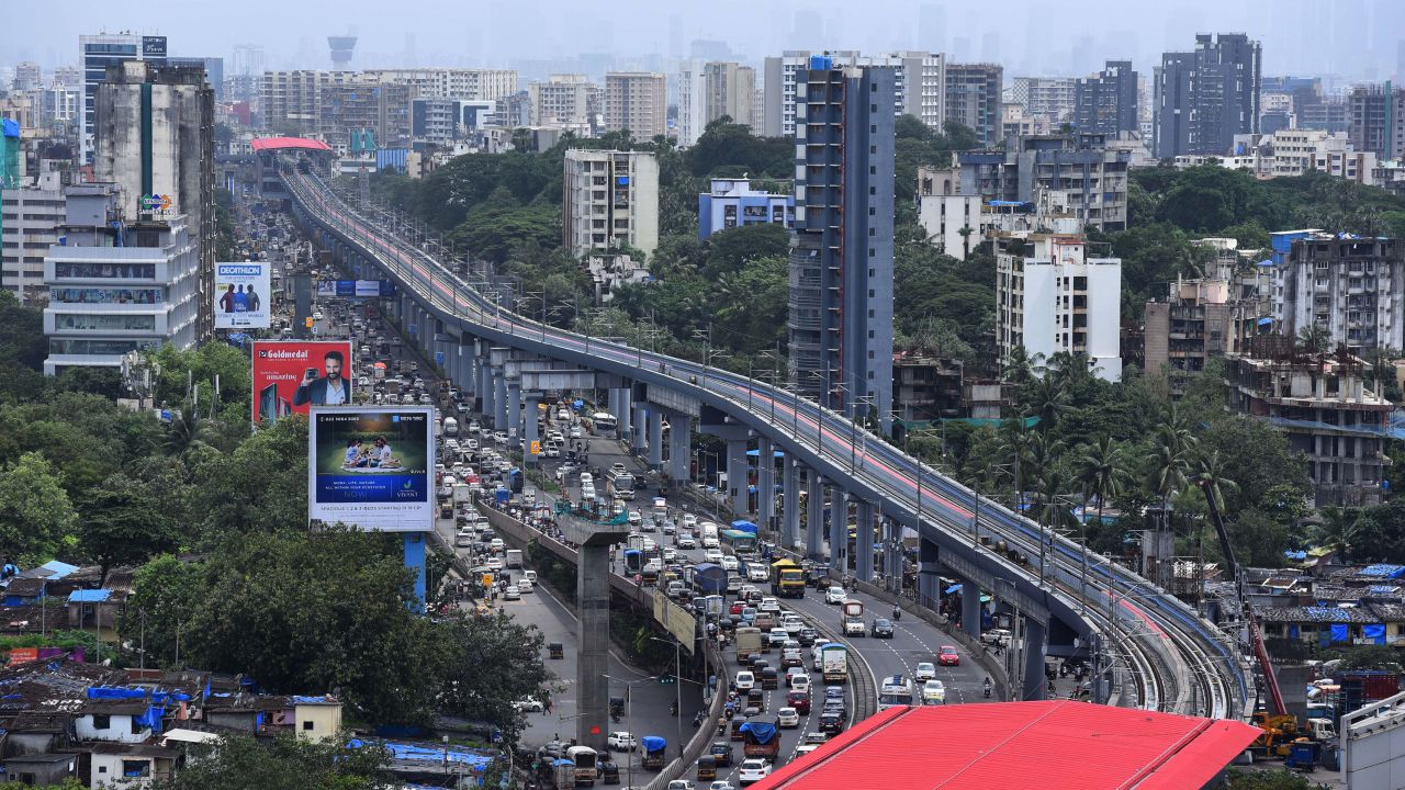 An aerial view of Mumbai Metro Line 7 between Andheri East station and Aarey Metro station on its Andheri (East)-Dahisar (E) route on Western Express Highway, on July 26, 2022 in Mumbai, India. 