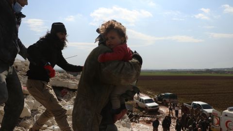 Civilians rescued in the city of Atarib in the western countryside of Aleppo, Syria.