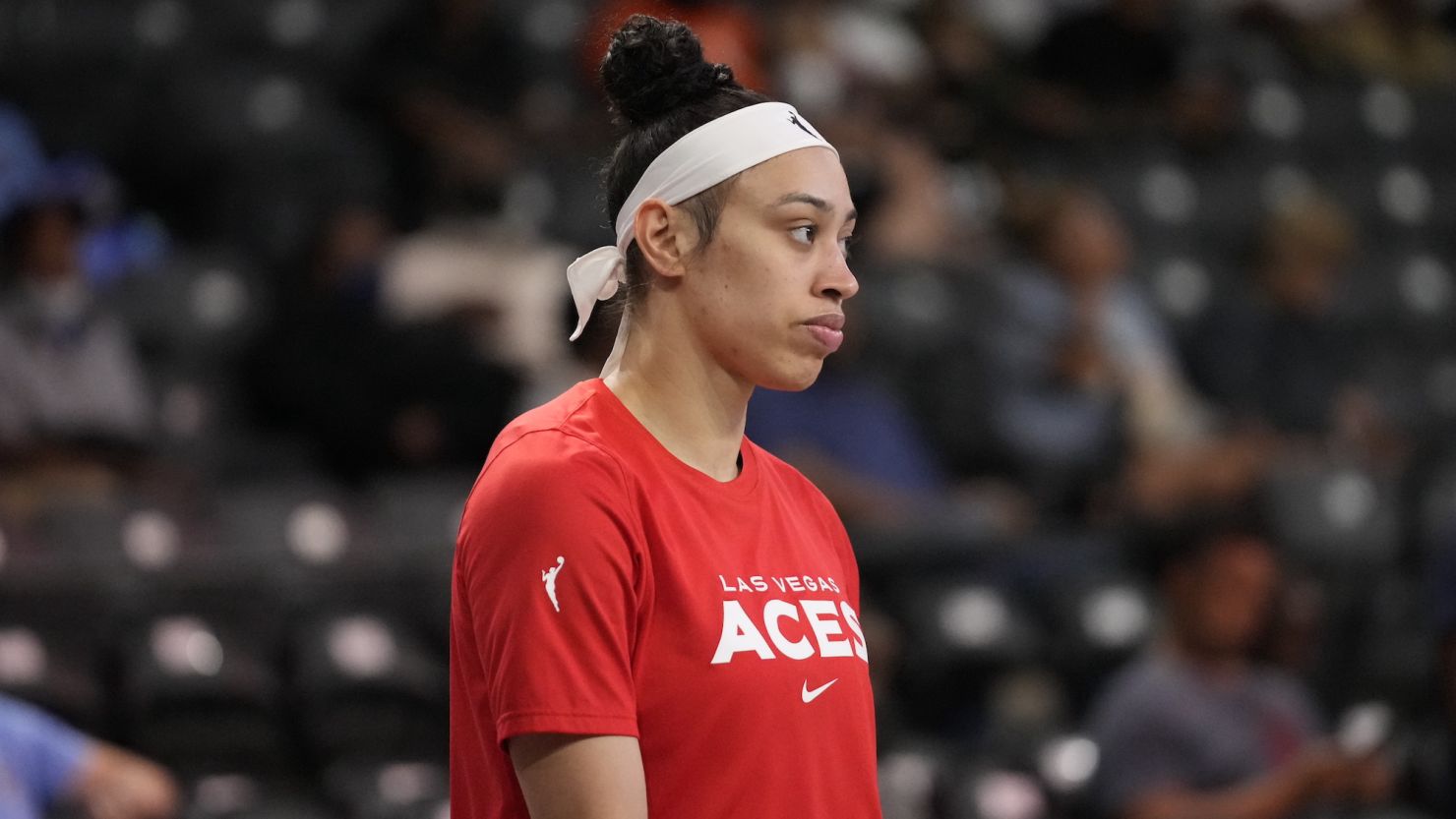 COLLEGE PARK, GA - MAY 13: Dearica Hamby #5 of the Las Vegas Aces looks on before the game against the Atlanta Dream on May 13, 2022 at the Gateway Center Arena in College Park, Georgia. NOTE TO USER: User expressly acknowledges and agrees that, by downloading and/or using this Photograph, user is consenting to the terms and conditions of the Getty Images License Agreement. Mandatory Copyright Notice: Copyright 2022 NBAE (Photo by Dale Zanine/NBAE via Getty Images)