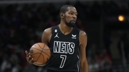 Brooklyn Nets' Kevin Durant (7) looks to drive during the first half of an NBA basketball game against the Chicago Bulls Wednesday, Jan. 4, 2023, in Chicago. Chicago won 121-112. (AP Photo/Paul Beaty)